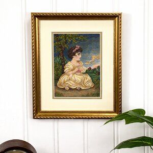 Vintage Framed Petit Point Girl - Needlepoint Embroidery Wall Art